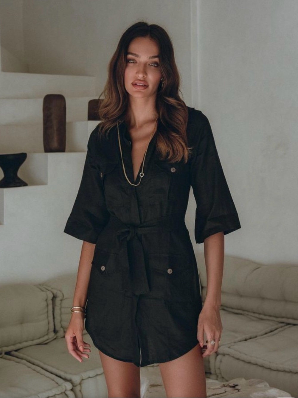 Black Mini Shirt Dress with Tie Waist - Women's